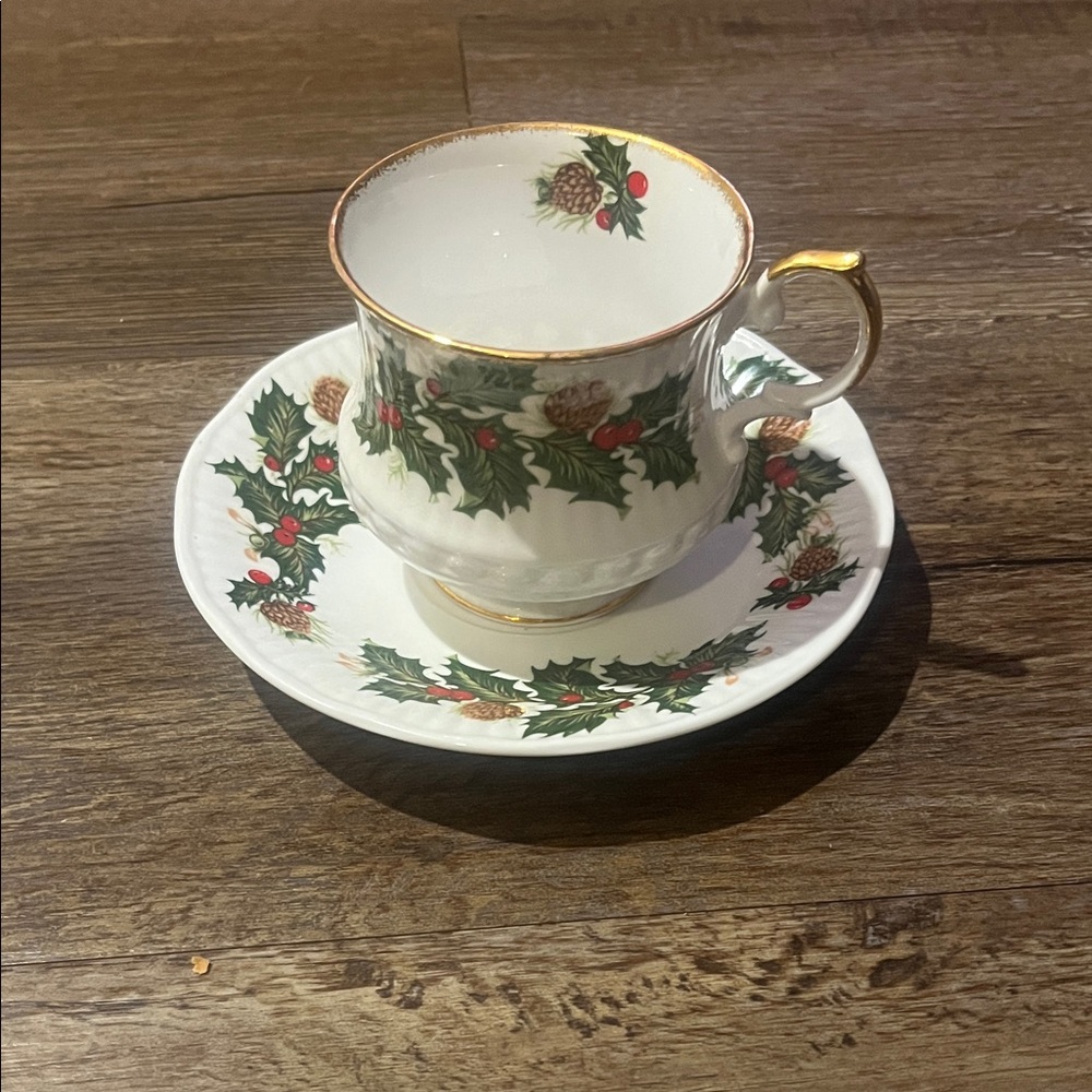 Vintage Queen’s Rosina “Yultide” Teacup and Saucer Set with Gold Trim